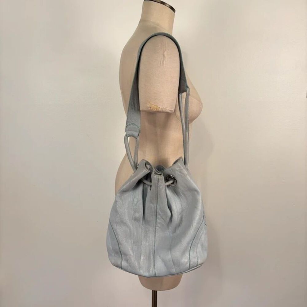 Gabriella Genuine Leather Drawstring Shoulder Bag Light Blue Ice Made in Italy